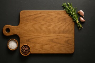 Wooden Cutting Board with Checkered Kitchen Cloth on Kitchen Countertop Background in Rustic Cooking Style