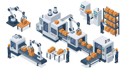 Isometric 3D view illustration of an automated factory with robotic arms, conveyor belts, and workers supervising packaging and logistics, representing modern manufacturing, technology