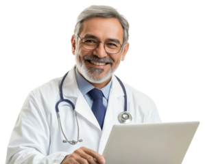 PNG Happy mature mexican doctor looking young and smart using laptop looking at camera white coat professional.