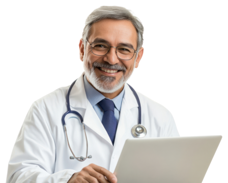 PNG Happy mature mexican doctor looking young and smart using laptop looking at camera white coat professional.