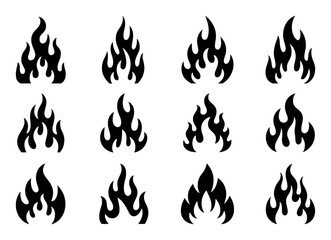 Collection of Black Flame Icons on White Background