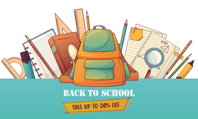 Horizontal back to school background with bright vector illustration of backpack, book, pencils, notebook, stationery. Design for education sale, discount, promotion, flyer, and poster template.