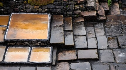 Stone Steps and Salt Pans Aerial View, Wet Cobblestone Texture