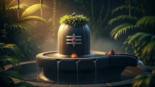 Stone Shiva Lingam Surrounded By Lush Greenery And Water Feature With Bird Perched Above