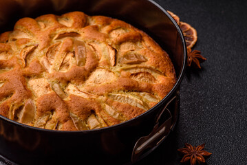 Apple or pear sweet pie for Halloween, hot baking in autumn. Apple pie