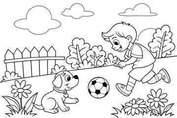 Boy playing soccer with his dog isolated on white background