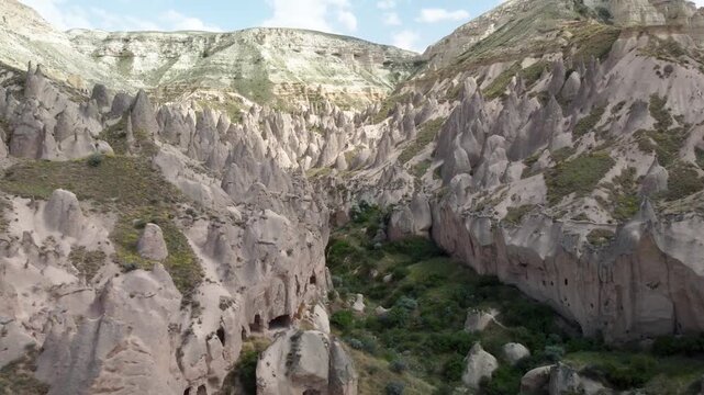Cappadocia Troglodyte Valley Aerial Forward Push-In &ndash; Turkey 4K Drone Landscape