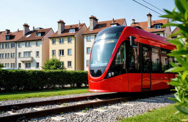 Naklejka premium Modern red tram moving along railway tracks in a residential neighborhood with multi-story houses and greenery