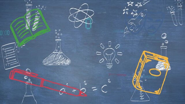 Timer flickering starting four colored icons entering and hovering chalk doodles showing science