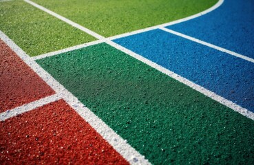 Fototapeta premium Colorful running track with distinct lanes in red, green, blue, and white lines creating a vibrant athletic surface