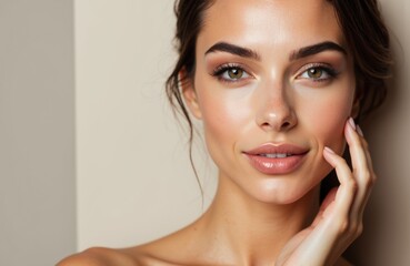 Woman with clear skin and natural makeup looking at camera with a gentle smile