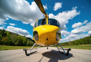 A yellow helicopter parked on a grassy airfield under a partly cloudy sky