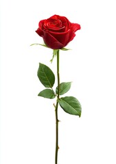 Single, vibrant red rose, elegant stem, leaves