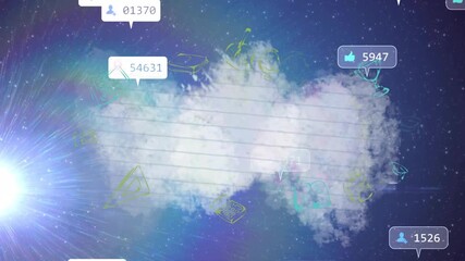 Flare initiating starfield animation cloud sliding center, icons orbiting, bubbles updating metrics - Powered by Adobe
