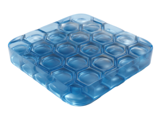 Transparent, square cushion with a hexagonal pattern. A clear, light-blue, flexible material forms a honeycomb structure
