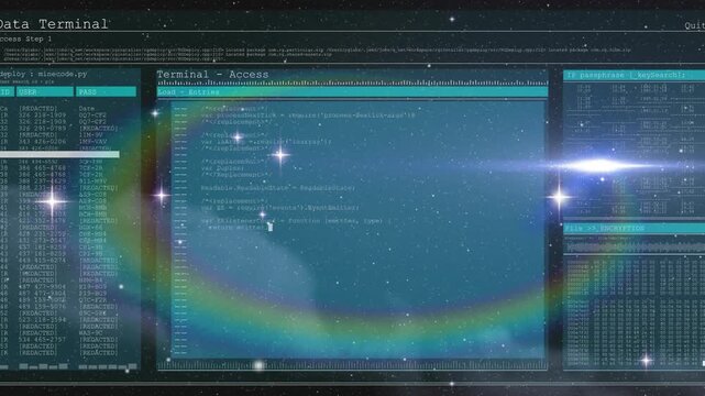 Starfield moving behind terminal UI fading, code scrolling logs verifying PASS lens flare sweeping