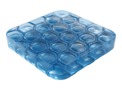 Transparent, square cushion with a hexagonal pattern.  A clear, light-blue, flexible material forms a honeycomb structure