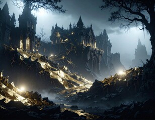 Generated image　ダークファンタジー風の崩れゆく城郭