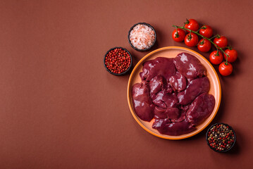 Raw fresh chicken or turkey liver, internal offal of poultry. Raw chicken liver