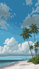 Fototapeta premium Tropical beach scene with palm trees under a partly cloudy sky
