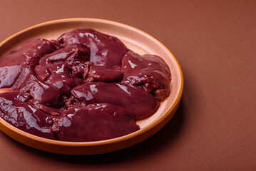 Raw fresh chicken or turkey liver, internal offal of poultry. Raw chicken liver
