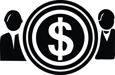 Business finance partnership concept icon of two people and a large dollar coin symbolizing wealth and financial growth