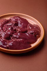 Raw fresh chicken or turkey liver, internal offal of poultry. Raw chicken liver