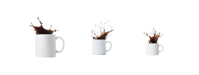 Dynamic coffee splash in three white mugs on black background