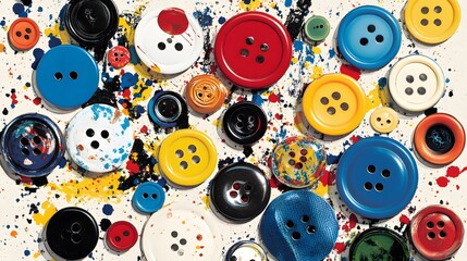 Colorful Buttons Scattered on Paint Splattered Surface