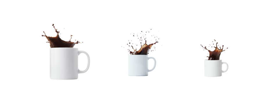 Dynamic coffee splash in three white mugs on black background