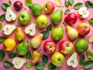 Fresh apples and pears on a pink background, top view, flat lay, studio shot