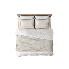 Double bed with white pillows and blanket, top view isolated on a transparent background, in a PNG format