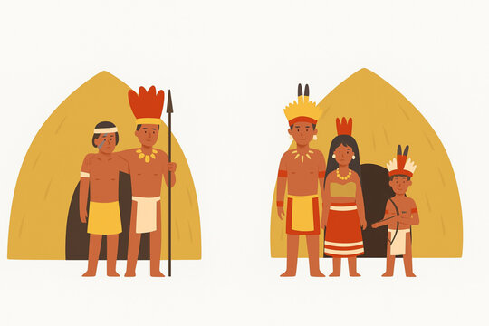 Brazilian Amazon tribes flat vector illustrations huts traditional clothing