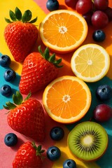 Colorful variety of fresh fruits including strawberries, citrus, and berries on vibrant background