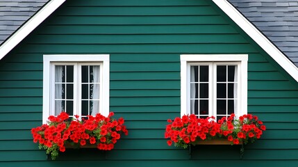Charming Green House Exterior with Red Flowers Window Boxes
