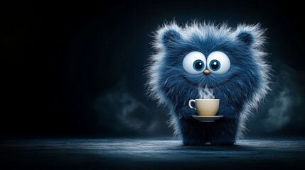 Fototapeta premium Cartoon bear character with fluffy fur, holding steaming cup, displaying curious expression, set against dark background, evoking warmth and charm in whimsical illustration. cute animal with coffee.
