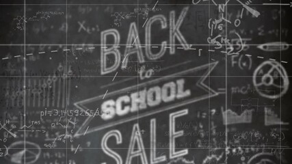 On start chalkboard animating back-to-school sale showing pi, algebra, molecules and graph line - Powered by Adobe