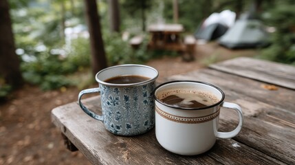 Water bottles in silver and blue stand on a wooden table in a peaceful camping area with colorful autumn leaves and tents nearby