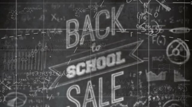On start chalkboard animating back-to-school sale showing pi, algebra, molecules  and  graph line - Powered by Adobe