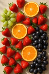 Vibrant assortment of fresh strawberries, oranges, and grapes on beige background