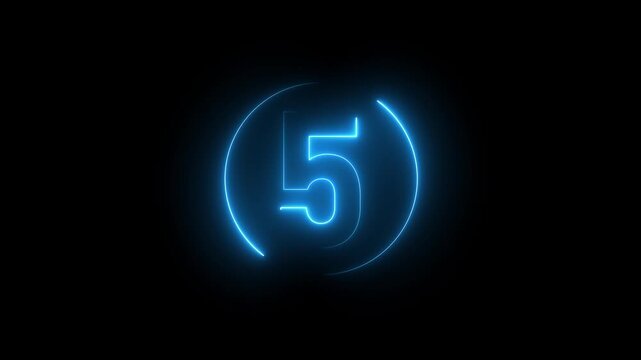 blue Neon glowing 5 second countdown, futuristic circular animation timer, digital clock effect from 0 to 5 seconds with vibrant motion on dark background