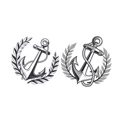 Vintage nautical anchor illustrations with laurel wreath and rope design