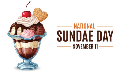 Colorful Ice Cream Sundae vector  Illustration on white with Chocolate, Vanilla, and Strawberry Scoops Topped with Whipped Cream, Cherry, and Cookie for National Sundae Day on November 11