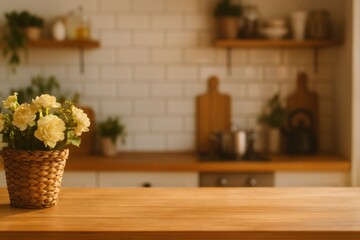 Modern Kitchen Counter with White Tile Backsplash Background for Clean Cooking Scenes