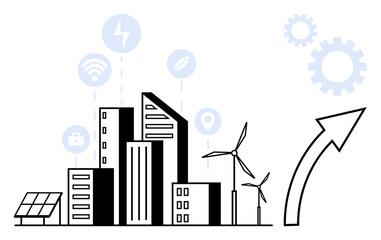 Urban skyline surrounded by icons of energy, internet, and ecology, with solar panels, wind turbines, and gears. Ideal for sustainability, innovation, urban design technology eco-architecture