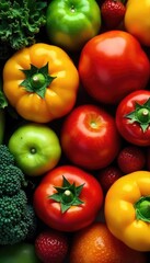 Fototapeta premium A close-up shot of a vibrant, colorful array of fresh fruits and vegetables, bursting with natural energy and nutrients, ready to be consumed , ripe, antioxidants