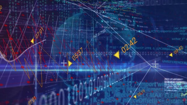 Camera gliding causing binary streams and graphs linking to rotating globe visualizing trading data