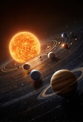 Solar system planets orbiting a fiery sun