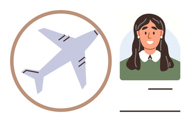 Airplane inside a circular frame alongside a female portrait ID card. Ideal for air travel, passenger profile, verification, identification, security checks, aviation industry, simple flat metaphor