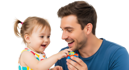Joyful father playing with his happy toddler daughter and a colorful toy car, ideal for parenting content, Father's Day, family bonding, and childhood development.